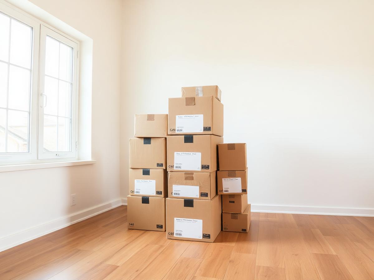 Labeled moving boxes stacked in a room