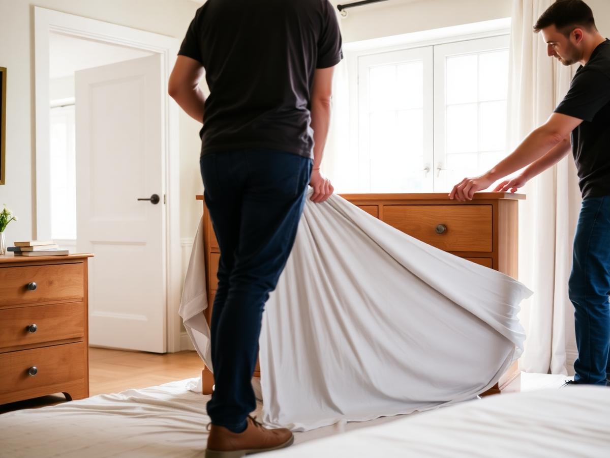 Movers carefully wrapping furniture